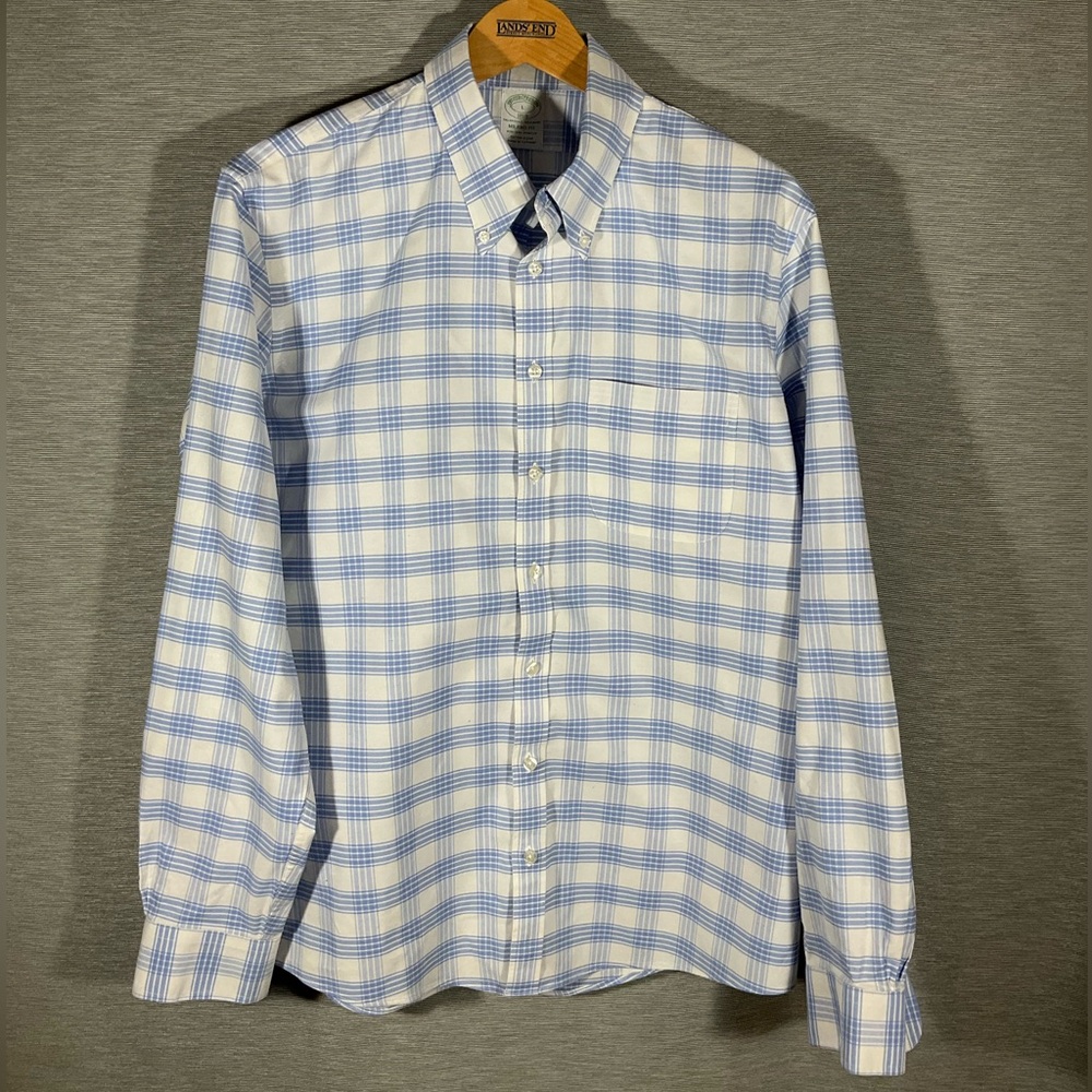 Brooks Brothers Men's Blue and White Plaid Milano Fit Shirt, size L